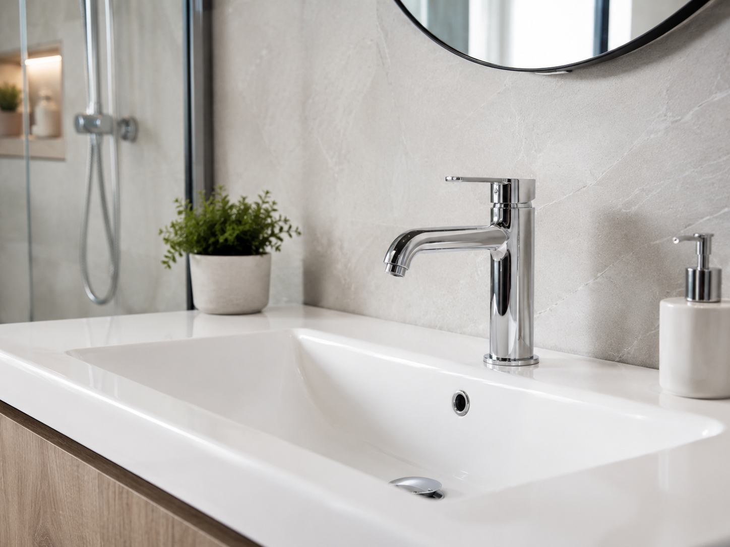 Modernes Waschbecken mit Chromarmatur im Badezimmer