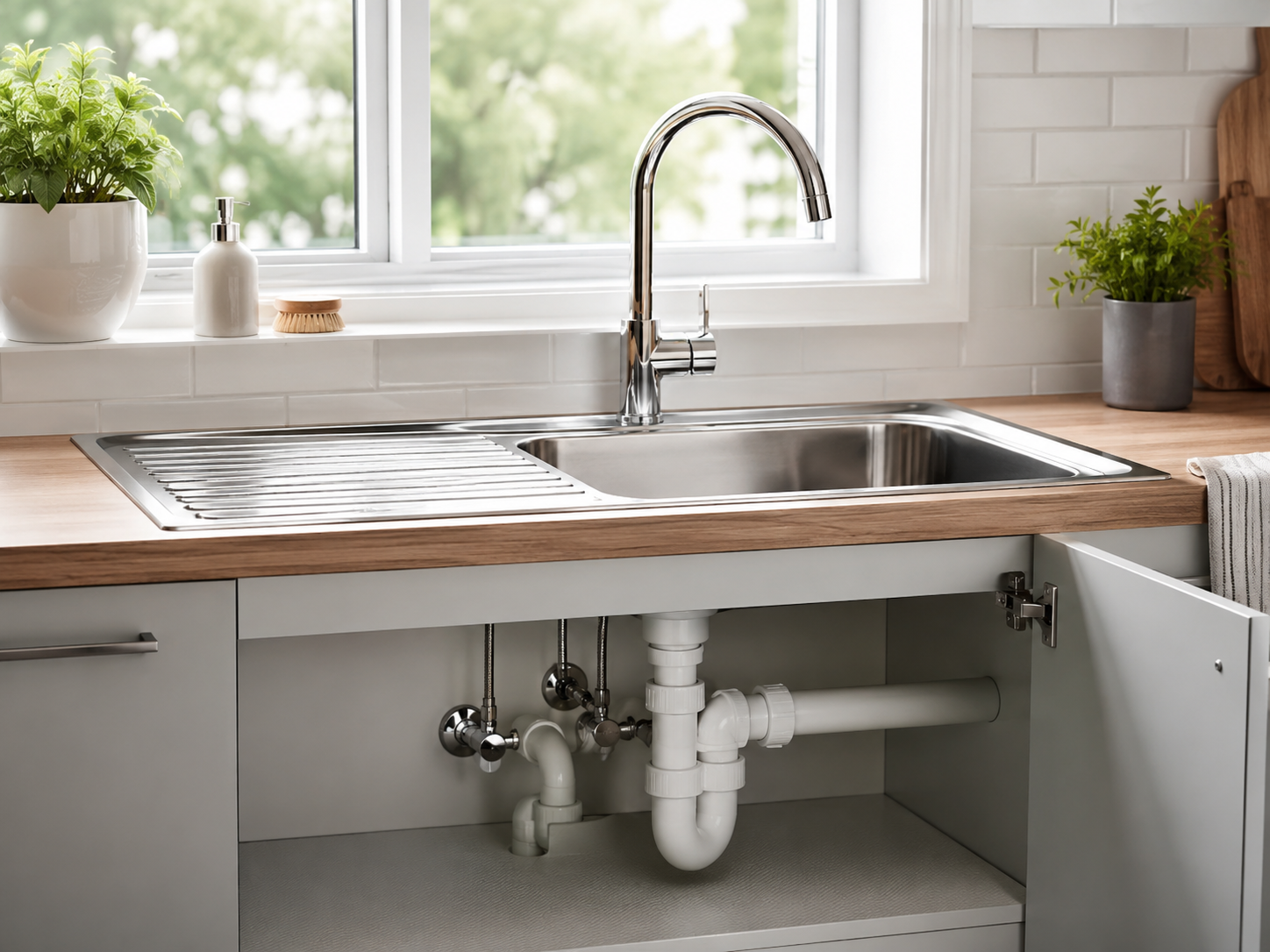 Küchenspüle mit sauberen Anschlüssen und Siphon unter der Arbeitsfläche