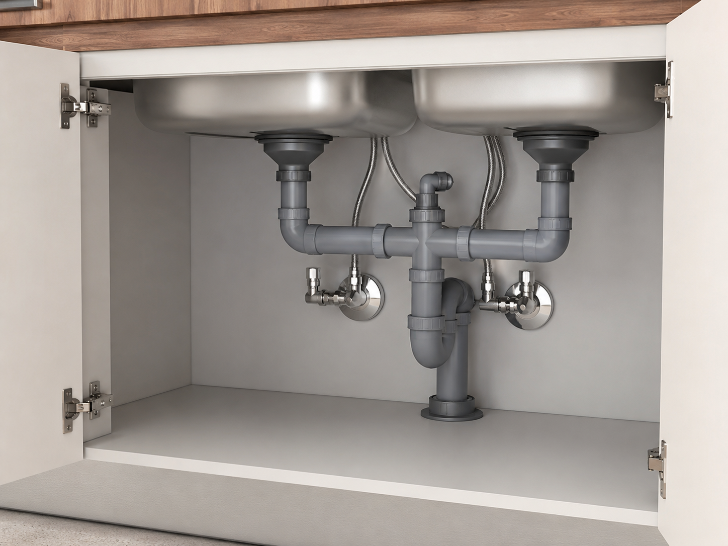 Siphon und Wasseranschlüsse unter einer Küchenspüle